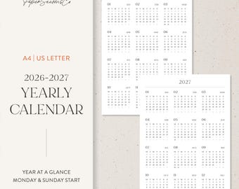 A4, US Letter | 2026–2027 Minimal Yearly Calendar Year at a Glance