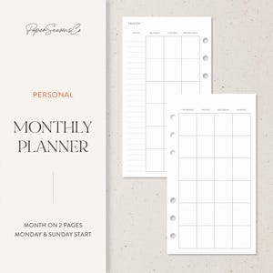 May include: A white monthly planner with a minimalist design. The planner includes a month-on-two-pages layout, with Monday and Sunday start dates. The text "MONTHLY PLANNER" is displayed in a bold font. The brand name "Paper Seasons Co" is at the top.