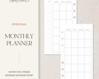 May include: A white monthly planner with a minimalist design. The planner includes a month-on-two-pages layout, with Monday and Sunday start dates. The text "MONTHLY PLANNER" is displayed in a bold font. The brand name "Paper Seasons Co" is at the top.