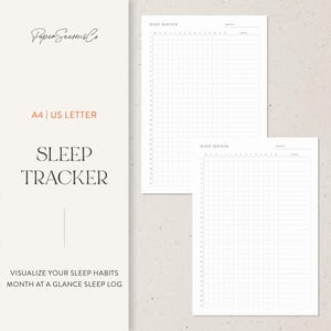 Puede incluir: Dos hojas blancas de seguimiento del sueño con diseños de cuadrícula para rastrear los hábitos de sueño. Las hojas están etiquetadas como "Sleep Tracker" y "A4 | US LETTER". El texto "Visualize your sleep habits month at a glance sleep log" también es visible.