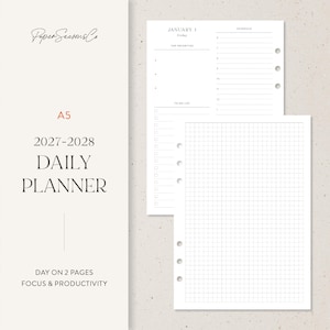 May include: A5 2027-2028 daily planner refill pages with a white background. The layout includes a schedule, top priorities, and a to-do list on one side, and a grid pattern on the other. The text reads PaperSeasonsCo, A5, 2027-2028 Daily Planner.