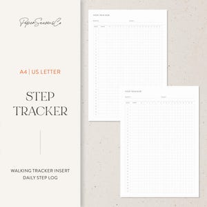 May include: Two white step tracker inserts with a grid pattern for daily step logging. The text "STEP TRACKER" is displayed in a serif font. The inserts are labeled "A4 | US LETTER" and include the text "WALKING TRACKER INSERT" and "DAILY STEP LOG".
