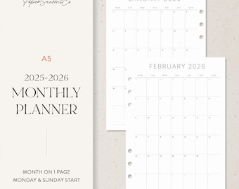 A5 | 2025-2026 Monthly Agenda Insert, One Page per Month, Clean Calendar View