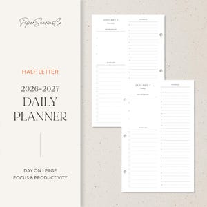 Op de afbeelding: Een minimalistische dagplanner met secties voor planning, takenlijsten en prioriteiten. De tekst "HALF LETTER 2026-2027 DAILY PLANNER" is zichtbaar. De planner is ontworpen voor focus en productiviteit.