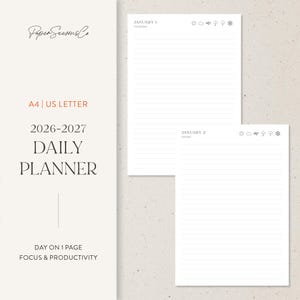 Könnte beinhalten: Ein weißer Tagesplaner mit linierten Seiten, mit dem Text "2026-2027 DAILY PLANNER". Der Planer enthält Wettersymbole und den Text "JANUARY 1" und "JANUARY 2". Der Planer hat das Format A4 | US LETTER.