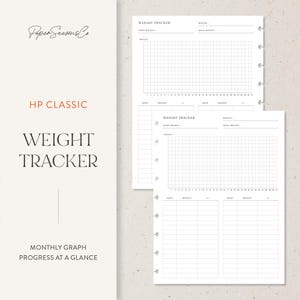 Peut inclure: Pages de planificateur de suivi du poids blanches avec une grille pour suivre les progrès de la perte de poids. Les pages incluent le texte "Weight Tracker", "HP Classic" et "Monthly Graph Progress at a Glance."