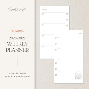 May include: A white weekly planner with the text "2026-2027 WEEKLY PLANNER" and "WEEK ON 2 PAGES MONDAY & SUNDAY START". The planner includes a calendar for January 2026 and space for notes.