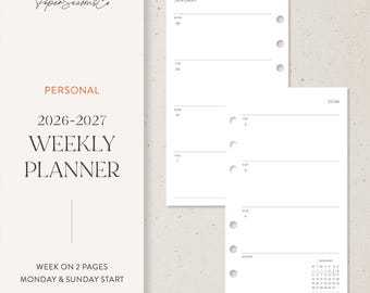Personal | 2026-2027 Weekly Planner Inserts, Simple Layout for Ring Binders