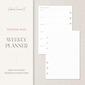May include: A white weekly planner insert with a minimalist design. The planner includes sections for each day of the week, with a lined page for notes. The text "WEEKLY PLANNER" and "PERSONAL WIDE" are visible. The planner is designed to start on Monday.