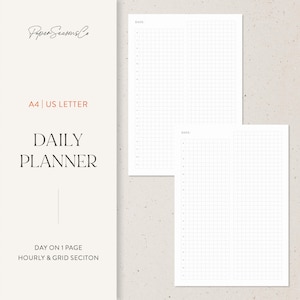 Puede incluir: Un planificador diario blanco con una sección de cuadrícula y espacios de tiempo por hora. El planificador está etiquetado como "A4 | US LETTER" e incluye el texto "DAILY PLANNER" y "DAY ON 1 PAGE HOURLY & GRID SECITON". El logotipo de Paper Seasons Co está en la parte superior izquierda.
