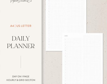 May include: A white daily planner with a grid section and hourly time slots. The planner is labeled "A4 | US LETTER" and includes the text "DAILY PLANNER" and "DAY ON 1 PAGE HOURLY & GRID SECITON". The Paper Seasons Co logo is at the top left.