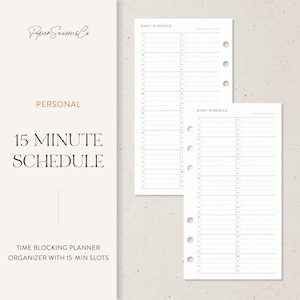 May include: Two white planner pages with a 15-minute schedule layout. The left page has the text "Paper Seasons Co," "PERSONAL," and "15 MINUTE SCHEDULE." The right page has "DAILY SCHEDULE" at the top. The bottom text reads "TIME BLOCKING PLANNER ORGANIZER WITH 15-MIN SLOTS."