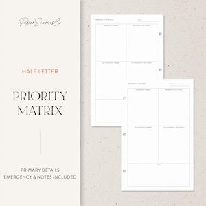 Puede incluir: Páginas de planificador blancas con un diseño de matriz de prioridades. Las páginas están etiquetadas como "Priority Matrix" e incluyen secciones para "Importante/Urgente" y "No importante/No urgente". El texto "Half Letter" y "Primary Details" también es visible.
