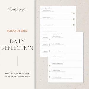 May include: A printable self-care planner page with the words "Daily Reflection" in large, bold text. The page includes prompts for daily review, such as "Today's Highlight" and "How Do You Feel?" The design is minimalist with a neutral color palette.