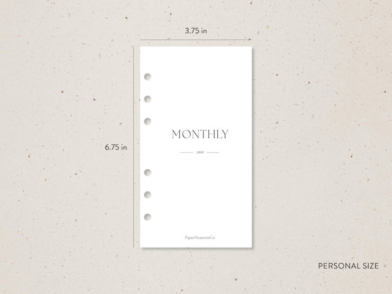 May include: A white planner insert labeled "MONTHLY" with the year "2024". The insert is 3.75 inches wide and 6.75 inches tall, with pre-punched holes for a personal size planner.