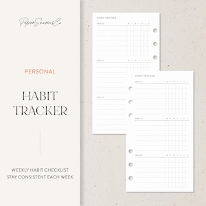 Puede incluir: Insertos blancos de seguimiento de hábitos con el texto "Habit Tracker" y "Personal". Los insertos tienen un diseño de cuadrícula para el seguimiento semanal de hábitos. También se ve el texto "Weekly Habit Checklist Stay Consistent Each Week".
