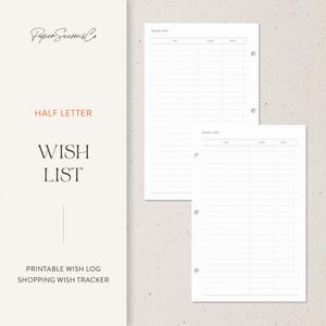 Op de afbeelding: Een afdrukbaar wensenlijstlogboek met de tekst "Wish List" in een minimalistisch ontwerp. De afbeelding toont twee pagina's van de wensenlijst, met kolommen voor item, winkel en prijs. Het ontwerp bevat de tekst "Half Letter" en "Printable Wish Log Shopping Wish Tracker".