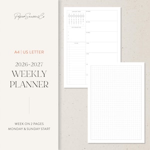 May include: A white weekly planner with a grid and calendar layout. The planner includes the text "2026-2027 WEEKLY PLANNER" and "WEEK ON 2 PAGES MONDAY & SUNDAY START". The planner is A4 | US LETTER size.