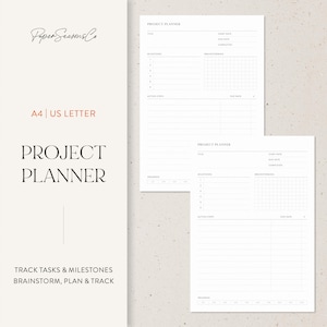 May include: Two white project planner sheets with a minimalist design. The sheets include sections for title, start date, milestones, brainstorming, and action steps. The text "PROJECT PLANNER" is prominently displayed.