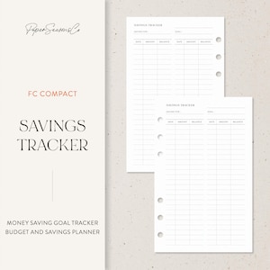 May include: White savings tracker inserts with a grid layout for tracking savings goals. The text "Savings Tracker" is displayed at the top of the inserts. The left side of the image has the text "Paper Seasons Co", "FC Compact", "Savings Tracker", "Money Saving Goal Tracker Budget and Savings Planner".