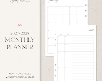 May include: An A5 2027-2028 monthly planner with two pages per month, featuring Monday and Sunday start options. The white paper sheets have black grid lines, text reading PaperSeasonsCo, January, and 2027, with pre-punched binder holes.