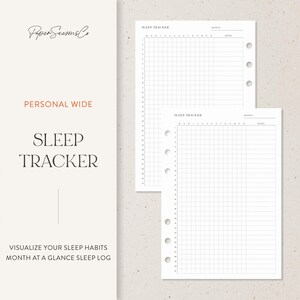 Puede incluir: Insertos de planificador de seguimiento del sueño blancos con un diseño de cuadrícula para rastrear los hábitos de sueño. El texto "SLEEP TRACKER" se muestra en letras grandes y en negrita. El planificador está etiquetado como "PERSONAL WIDE" e incluye el texto "VISUALIZE YOUR SLEEP HABITS MONTH AT A GLANCE SLEEP LOG".