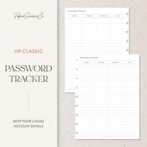 Puede incluir: Hojas blancas de seguimiento de contraseñas con un diseño de cuadrícula para sitio web, nombre de usuario, contraseña y notas. El texto "PASSWORD TRACKER" está en la parte superior de cada hoja. Las palabras "HP CLASSIC" y "PASSWORD TRACKER" también están impresas.