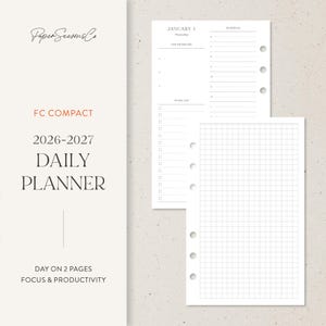May include: A white and beige daily planner with the text "Paper Seasons Co" and "FC COMPACT 2026-2027 DAILY PLANNER." The planner includes a schedule, to-do list, and graph paper. The text "DAY ON 2 PAGES FOCUS & PRODUCTIVITY" is also visible.