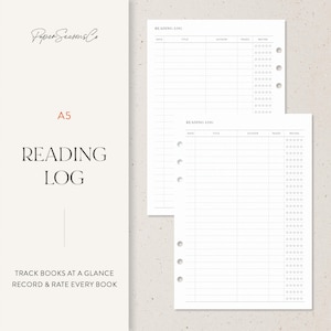 May include: A5 reading log printable with the text "Paper Seasons Co" at the top left. The reading log includes sections for date, title, author, pages, and rating. The text "READING LOG" is displayed in large font. The text "TRACK BOOKS AT A GLANCE RECORD & RATE EVERY BOOK" is also displayed.