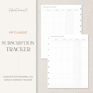 May include: Two white subscription tracker planner pages with a minimalist design. The pages include sections for service, amount, due date, frequency, and renewal. Text on the left reads "HP Classic" and "Subscription Tracker."