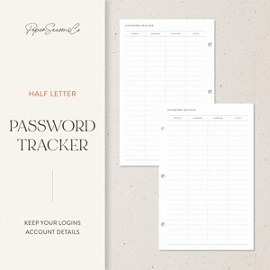 Könnte beinhalten: Ein weißer Passwort-Tracker mit dem Text "PASSWORD TRACKER" und "KEEP YOUR LOGINS ACCOUNT DETAILS". Der Tracker hat Abschnitte für Website, Benutzername, Passwort und Notizen. Der Markenname "Paper Seasons Co" steht oben.