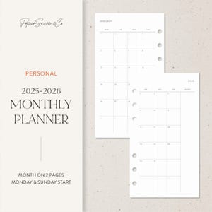 Personal | 2025-2026 Monthly Planner Refill | Minimal Month on Two Pages Layout