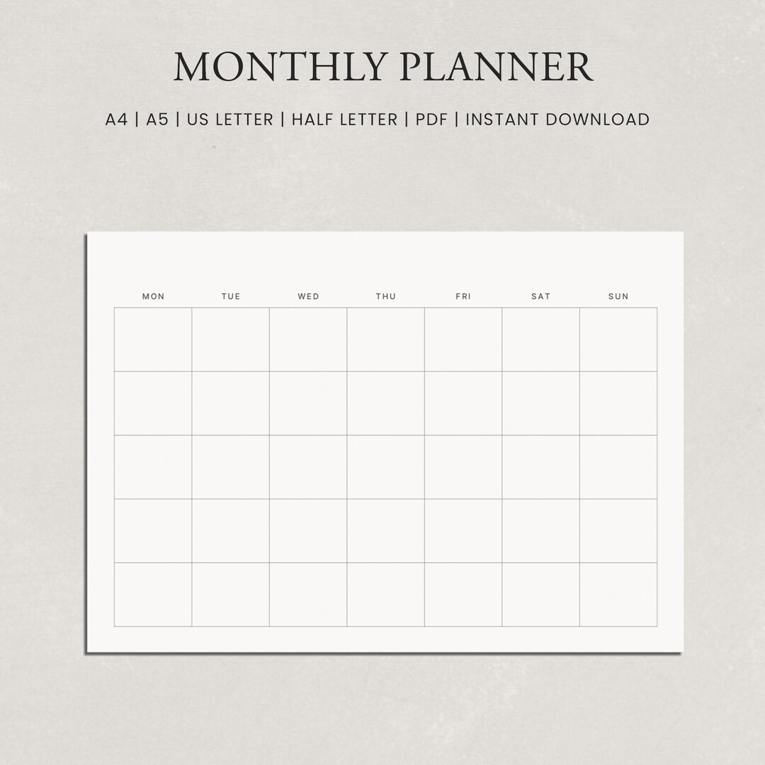 Minimal Monthly Planner | Horizontal One-page Calendar Layout | A4 A5 ...