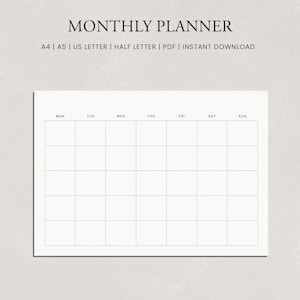 May include: A blank monthly planner template with the days of the week labeled: Monday, Tuesday, Wednesday, Thursday, Friday, Saturday, and Sunday.