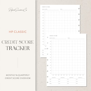 May include: A white credit score tracker with a grid layout for monthly and quarterly overviews. The text "HP CLASSIC" and "CREDIT SCORE TRACKER" are visible. The Paper Seasons Co logo is in the upper left corner.