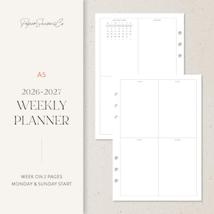 Puede incluir: Planificador semanal A5 para 2026-2027 con diseño de semana en dos páginas. El diseño presenta un calendario para enero de 2026 y una cuadrícula para la programación diaria. El planificador tiene una combinación de colores neutros.