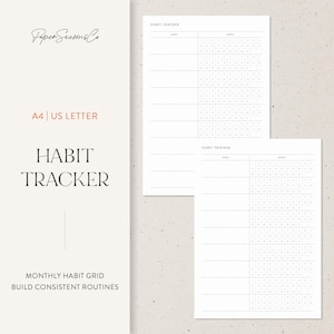 May include: A white habit tracker with a grid layout for tracking habits. The text "HABIT TRACKER" is displayed in a minimalist font. The text "A4 | US LETTER" is also visible. The tracker is designed to help build consistent routines.