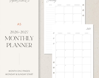 A5 | 2026-2027 A5 Monthly Planner Refill, Printable Calendar Inserts, Month on 2 Pages