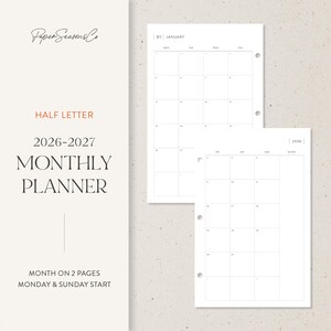 May include: A white monthly planner with a minimalist design. The planner includes a two-page spread for each month, with a Monday and Sunday start. The text "HALF LETTER 2026-2027 MONTHLY PLANNER" is displayed in a stylish font.