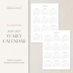 May include: A minimalist yearly calendar for 2026-2027, printed on US Letter size paper. The design features a clean, simple layout with the months and days clearly displayed. The text "Paper Seasons Co" is at the top left.