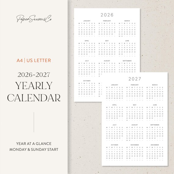 A4, US Letter | 2026-2027 Yearly Calendar Inserts, Full Year Overview in Minimal Format
