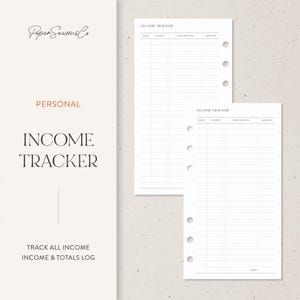 May include: Two white income tracker sheets with a grid layout for tracking income details. The sheets have the words "Income Tracker" at the top and are labeled with "Date, Source, Description, Amount." The words "Personal" and "Track All Income & Totals Log" are also visible.