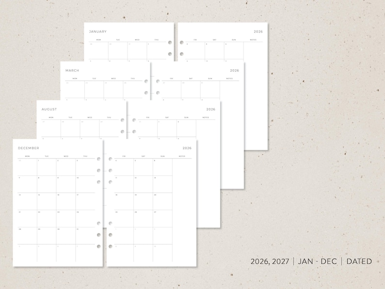 Puede incluir: Un conjunto de p&aacute;ginas de calendario sin fecha para 2026 y 2027, con meses como enero, marzo, agosto y diciembre. Cada p&aacute;gina tiene un dise&ntilde;o minimalista con una cuadr&iacute;cula para la planificaci&oacute;n diaria. El texto "2026, 2027 | JAN - DEC | DATED" es visible.