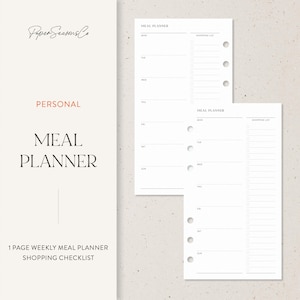Puede incluir: Páginas blancas de planificador de comidas con el texto "MEAL PLANNER" y "SHOPPING LIST". El planificador incluye secciones para cada día de la semana. También se ven las palabras "Paper Seasons Co", "PERSONAL" y "1 PAGE WEEKLY MEAL PLANNER SHOPPING CHECKLIST".