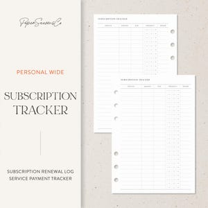 Puede incluir: Un rastreador de suscripciones blanco con el texto "Subscription Tracker" y "Personal Wide". El rastreador incluye secciones para servicio, cantidad, vencimiento, frecuencia y renovación. El diseño es minimalista y adecuado para organizar renovaciones de suscripciones.