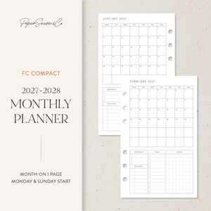 May include: A 2027-2028 monthly planner insert set for FC Compact binders. The white paper pages feature black grid calendars for January and February 2027, with sections for priorities, key dates, to-do lists, and notes, plus punch holes.