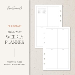 Puede incluir: Un planificador semanal blanco con un diseño minimalista. El planificador incluye un calendario para enero de 2026 y un diseño de semana en dos páginas. El texto "FC COMPACT 2026-2027 WEEKLY PLANNER" se muestra a la izquierda.