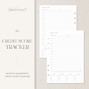 May include: A5 credit score tracker with a monthly and quarterly overview. The design features a grid for tracking credit scores, with sections for target scores and the year. The pages are white with black text and a minimalist design.