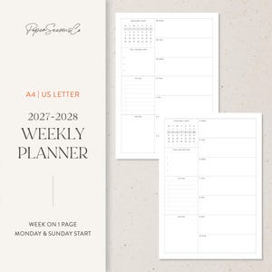 May include: A 2027-2028 weekly planner template in A4 and US Letter sizes. The white pages feature a monthly calendar, top priorities section, to-do list, and notes area. The layout displays a week on one page with Monday and Sunday start options.