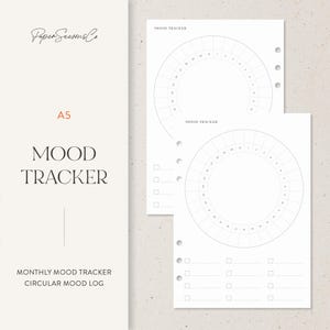 May include: White A5 mood tracker inserts with a circular design for tracking daily moods. The inserts feature the text "MOOD TRACKER" and "MONTHLY MOOD TRACKER CIRCULAR MOOD LOG". The Paper Seasons Co. logo is in the upper left corner.